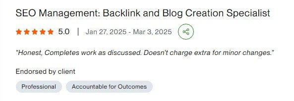 Client review screenshot for backlink and blog creation specialist project, rated 5.0