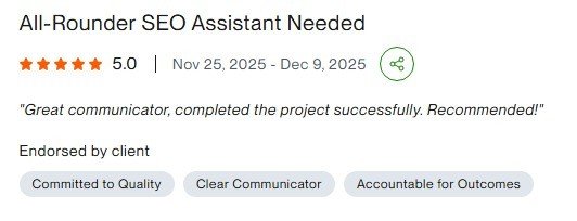 Client review screenshot for all-rounder SEO assistant project, rated 5.0