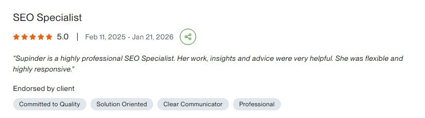Client review screenshot for SEO Specialist project, rated 5.0