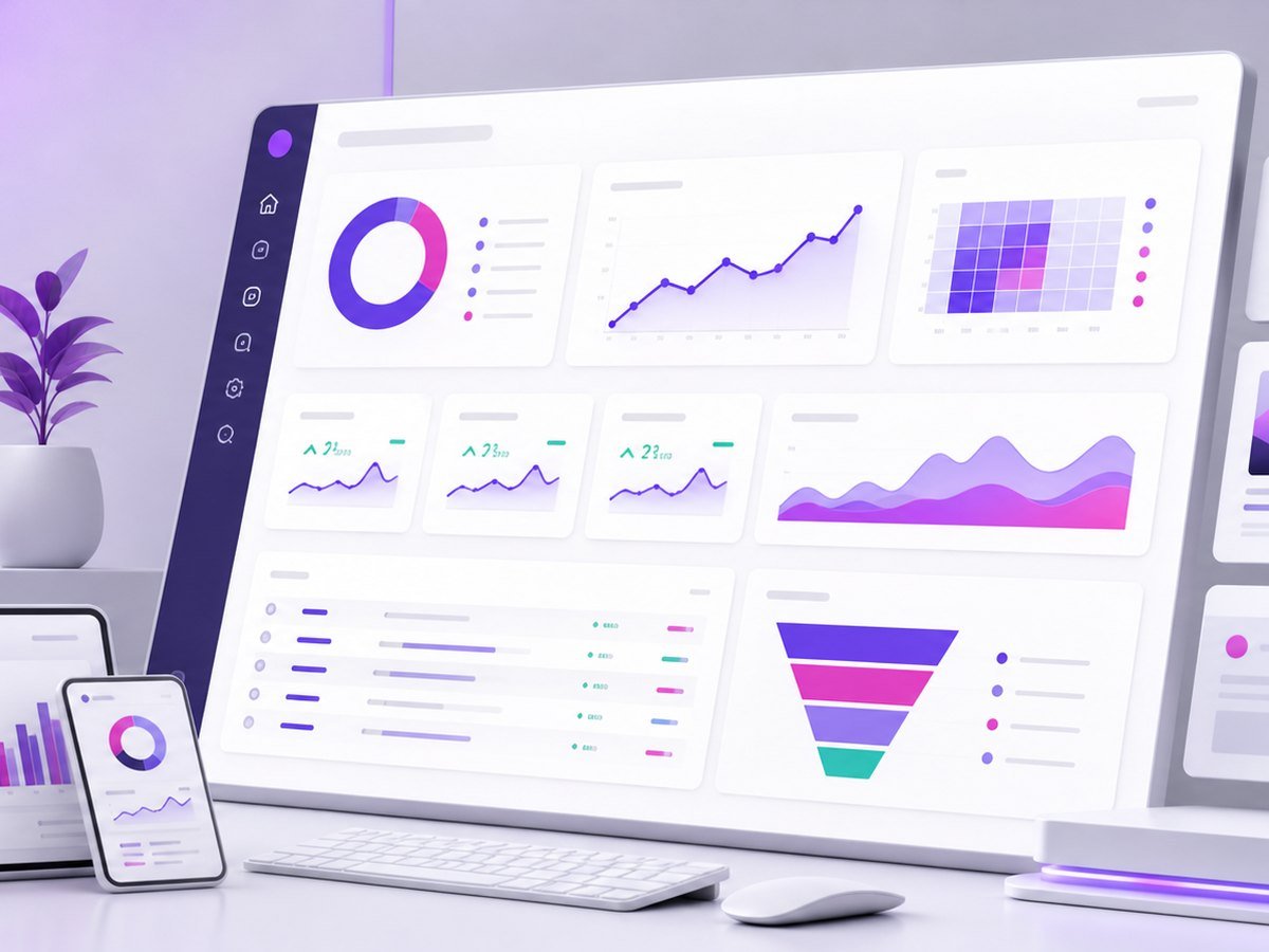 Professional SEO dashboard with keyword rankings, analytics charts, and search visibility reports