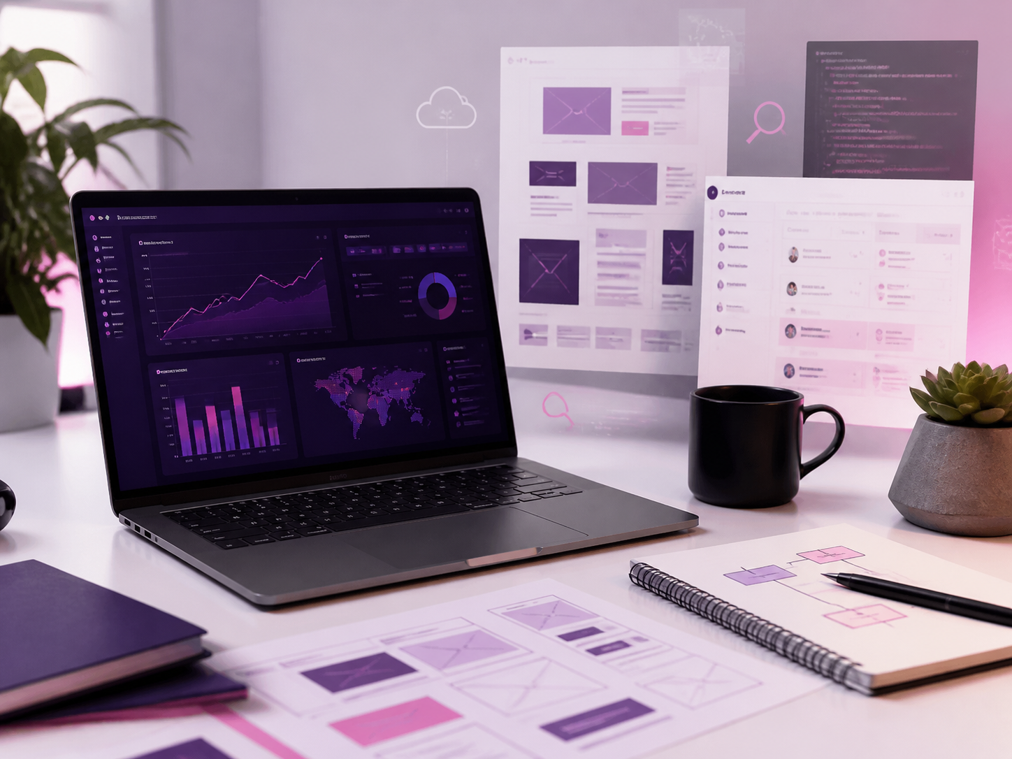 Digital marketing workspace with SEO analytics, website wireframes, and web application dashboard screens