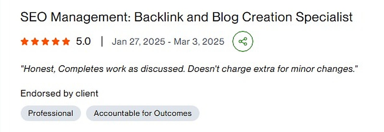 Five star client review for SEO management, backlink and blog creation specialist work